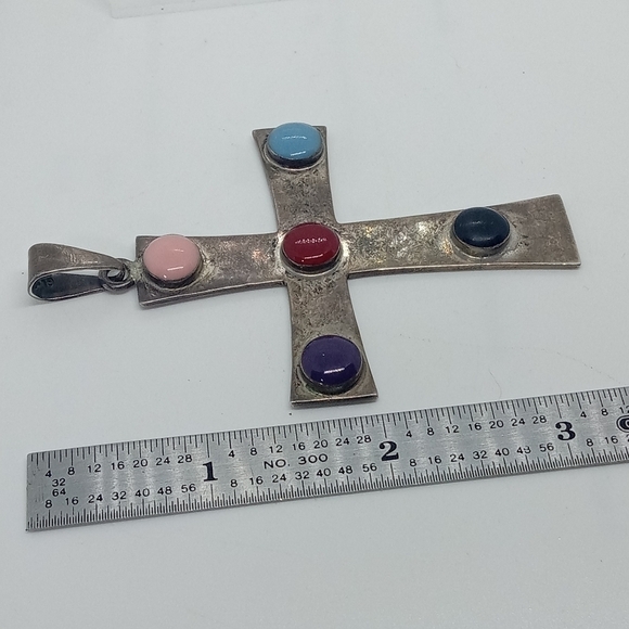 * vintage Taxco 925 sterling silver stone inlay Large cross pendant Mexico 22g - Picture 3 of 7